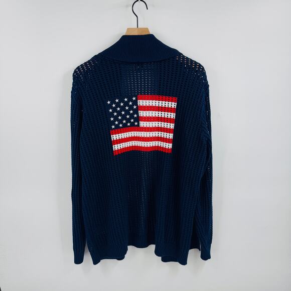 Joan Rivers Open Knit American Flat Cotton Cardigan Navy Blue Size L Large - Picture 2 of 7